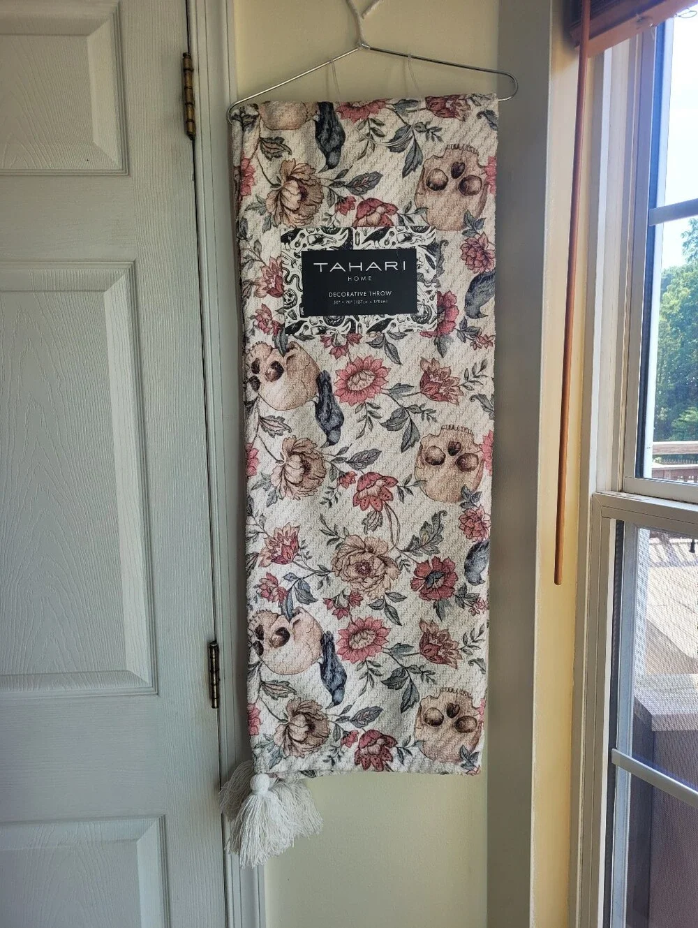 Tahari Cream Halloween Throw with Skulls, Crows And Pink & Green Floral Motif